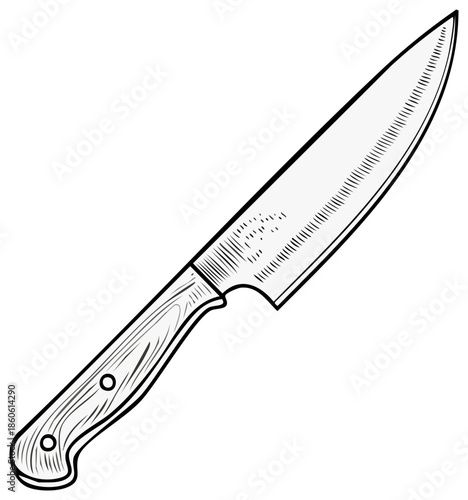 Etched chef knife with wood handle, vector illustration of sharp kitchen tool in vintage style, equipment for professional cooking