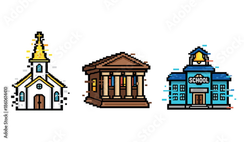 Pixel art buildings: church, courthouse, school front views