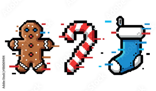 Pixel art christmas symbols: gingerbread man, candy cane, stocking in festive glitch style