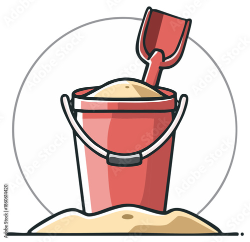 Sand bucket filled with sand and shovel, kids play tools illustration, summer activities
