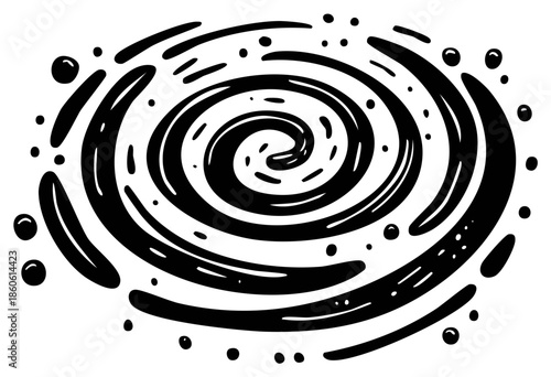 Swirling liquid vortex or galaxy spiral. Abstract black and white hand drawn doodle illustration.