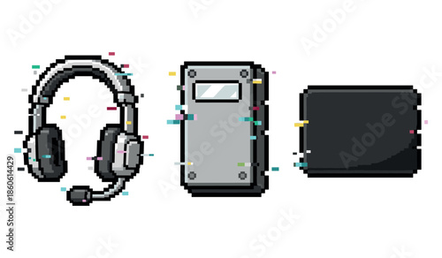 Pixel art: gaming headset, protective shield, and tech device