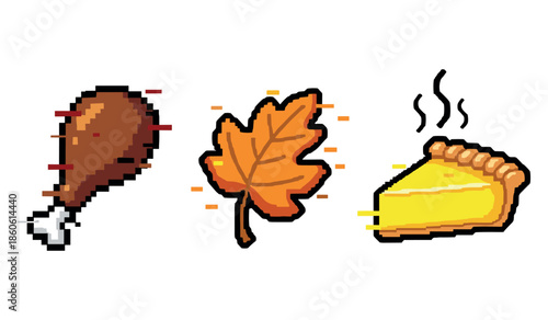 Pixel art icons of turkey leg, autumn leaf, and pie slice