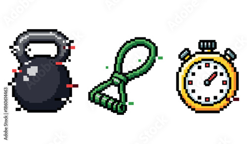 Pixel art kettlebell jump rope and stopwatch for fitness workout