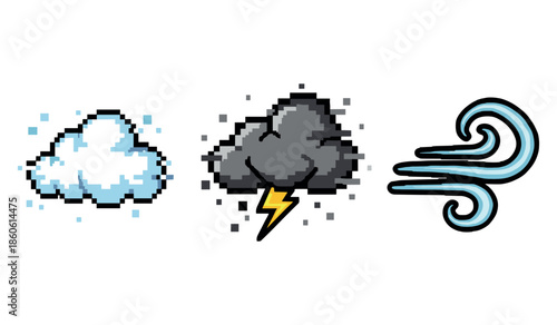 Pixel art weather icons: cloud, thunderstorm, wind symbols on white background