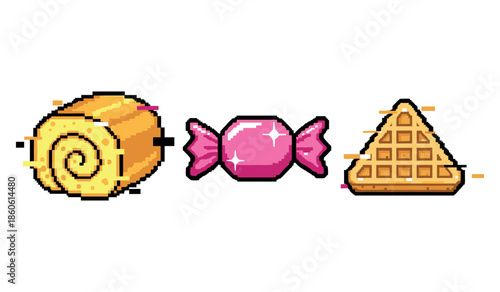 Pixel art sweets: swiss roll, candy, and waffle delight