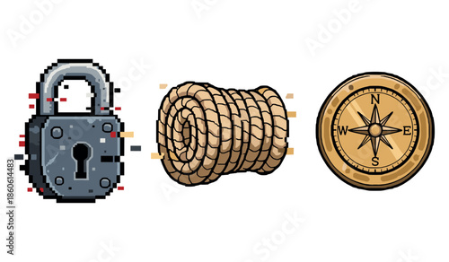 Pixel art lock rope and compass icons - security navigation elements