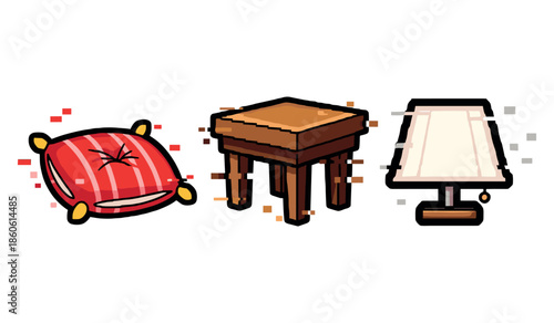 Cartoon furniture set with cushion, stool, and lamp on white background