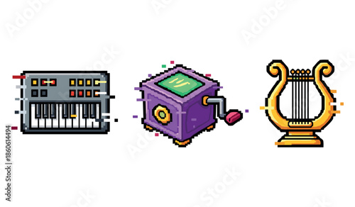 Pixel art instruments: synthesizer, music box, and lyre icons