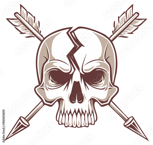Skull pierced by arrows. Vector illustration of a cracked human skull with crossed arrows.