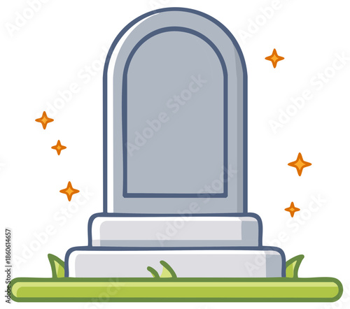 Tombstone illustration with stars, grave marker on grass, remembrance, spooky, halloween, death