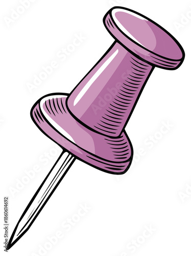 Cartoon illustration of an isolated pink push pin with a needle, tool for office or noticeboard, in drawing style.