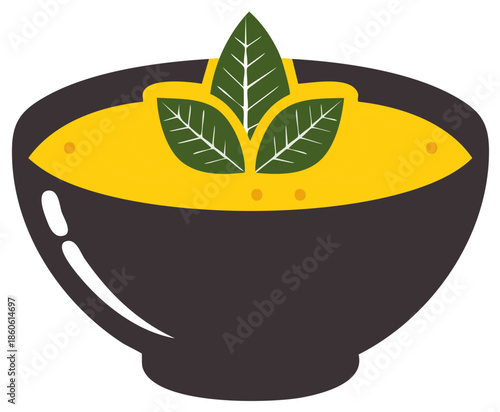 Bowl of soup with garnish of green leaves, illustration, flat design concept