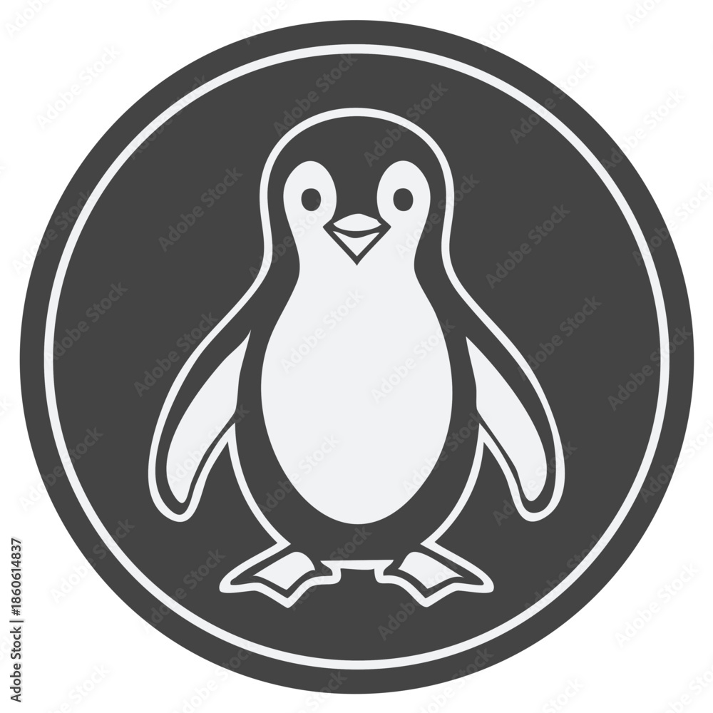 Fototapeta premium Cute cartoon penguin illustration inside a dark grey circle