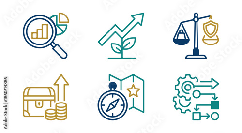 Business and finance icon set for corporate strategy and growth