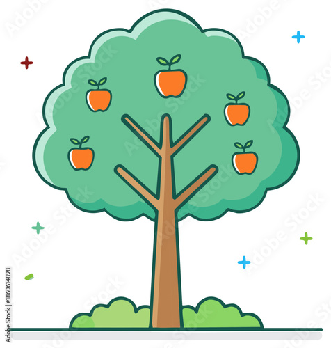 A charming cartoon illustration of a vibrant green apple tree with ripe orange fruits and lush foliage.