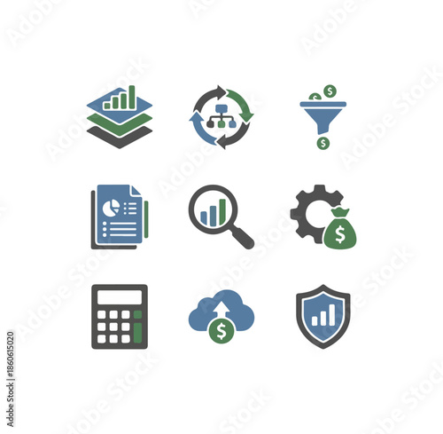 Business and finance icons data analysis growth and protection
