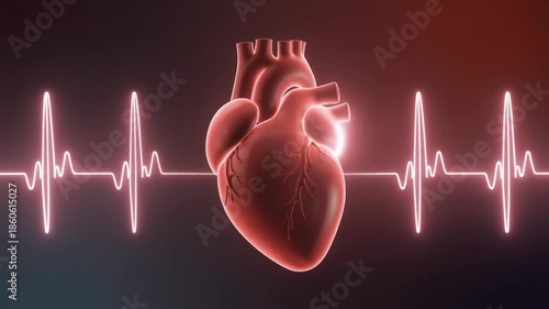 Human heart with a glowing heartbeat line representing cardiology and health