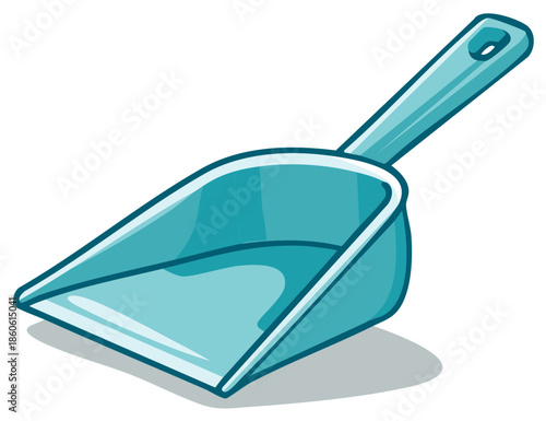 Cartoon illustration of a light blue plastic scoop with handle for pet food or gardening tasks