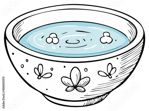 Hand Drawn Bowl Filled With Clear Blue Water and Floating Bubbles Illustration
