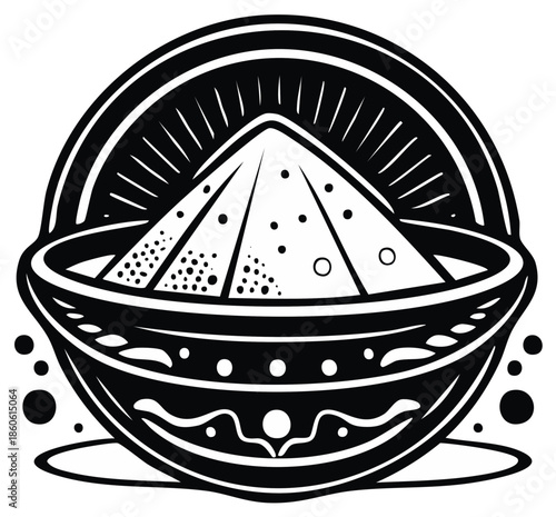 Stylized representation of a pyramid shaped pile of ingredients in a decorative bowl