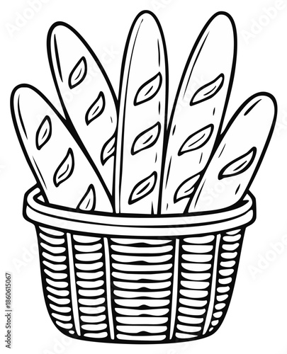 Basket of French Baguettes Illustration Outline