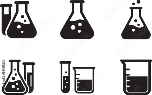 Science lab icon set with laboratory equipment, research and experiment symbols in clean outline vector style.