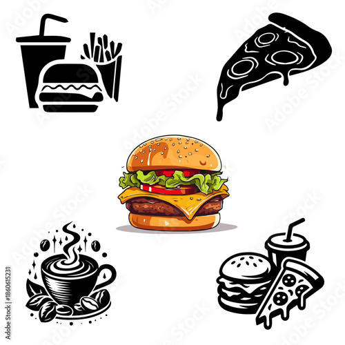 Vegatable dish, poke bowl food and healthy salad set. Meal line icons. Pizza, pasta spaghetti bowl and burger line icons. Breakfast meal, vegetable salad and fish. Apple and carrot fresh juice.