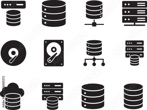Data storage icon set vector featuring database, server, cloud and backup symbols in clean outline style.