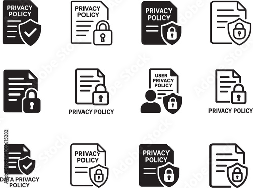 Privacy policy line icon set with legal document, shield, lock and security symbols in clean outline vector style.