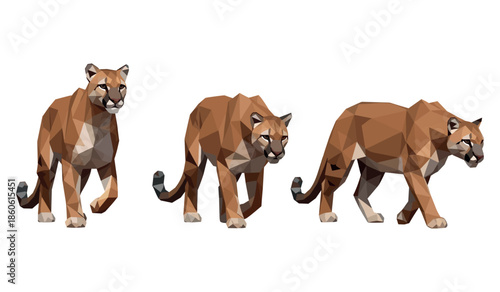 Low poly style mountain lions walking in sequence