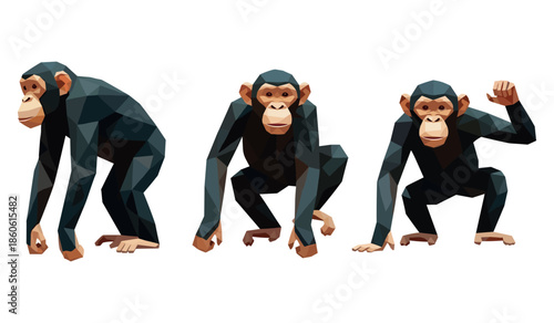 Geometric chimpanzee trio in various poses on white background