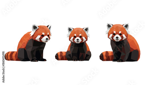 Low poly red pandas trio on white background