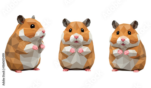 Polygonal hamster trio in geometric low poly style