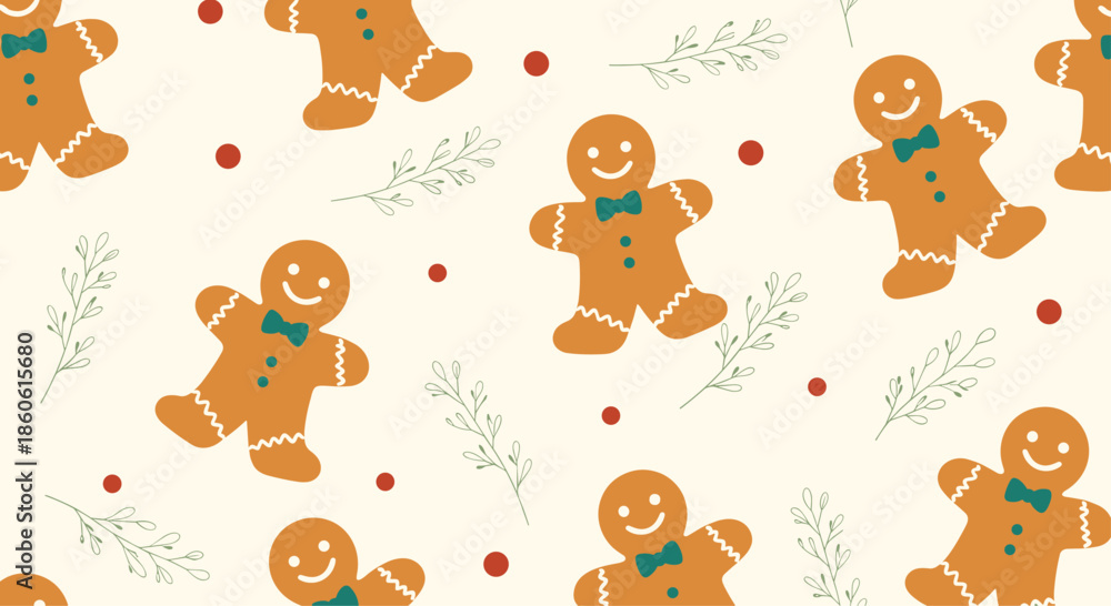 Obraz premium Holiday seamless pattern featuring cute gingerbread man cookies with green bow ties and delicate pine branch sketches on cream.