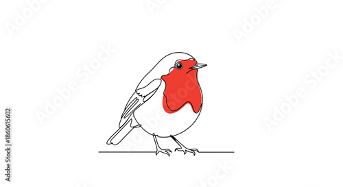 Minimalist line art illustration of a small robin bird featuring a bright red breast and delicate black outlines on white paper.