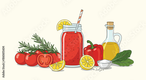 Healthy red vegetable smoothie in a glass mason jar surrounded by fresh tomatoes, bell peppers, lemons, olive oil, and rosemary.