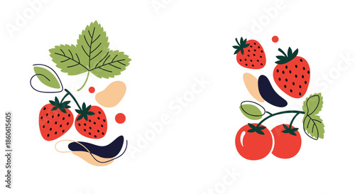 Modern art illustration of fresh red strawberries and ripe tomatoes decorated with abstract organic shapes and green leaf motifs.