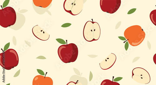 Apple fruit seamless pattern showing whole red apples, sliced pieces, and scattered green leaves on a soft pastel background tint.