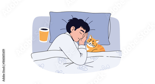 Young man sleeping peacefully in a soft bed alongside a cute ginger tabby cat resting on the pillow in a cozy home environment.