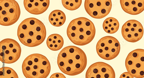 Delicious chocolate chip cookies seamless pattern set against a warm cream background creating a tasty dessert theme for design.