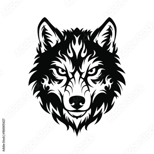 Stunning black and white wolf head illustration with fiery design