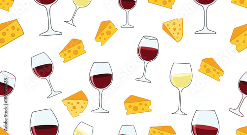 Elegant wine and cheese seamless pattern featuring glasses of red and white wine paired with wedges of yellow swiss cheese blocks.