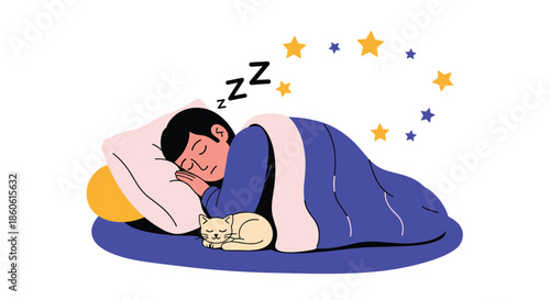 Man sleeping soundly in bed with a small white cat tucked under the blue covers while yellow stars twinkle in the night sky above.