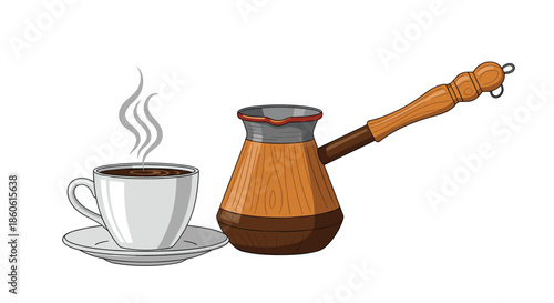 Traditional turkish coffee set featuring a steaming white cup of dark espresso next to a wooden and metal long-handled coffee pot.