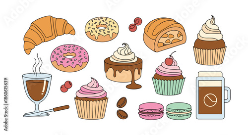 Delicious collection of various pastries and coffee drinks including croissants, donuts, cupcakes, macarons, and sweet desserts.