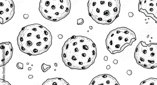 Detailed black and white sketch seamless pattern of round chocolate chip cookies and scattered crumbs on a plain white background.