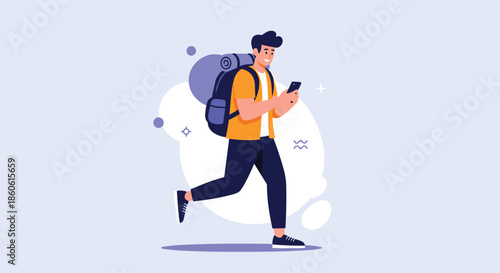 Young traveler with a large purple backpack walking and using a mobile phone against a decorative light blue abstract background.