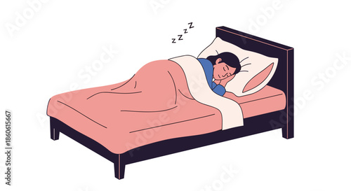 Calm woman sleeping under a warm pink blanket on a wooden bed frame with a soft white pillow in a minimalist illustration style.