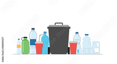 Assorted plastic bottles and disposable containers standing next to a grey recycling bin representing environmental waste management.